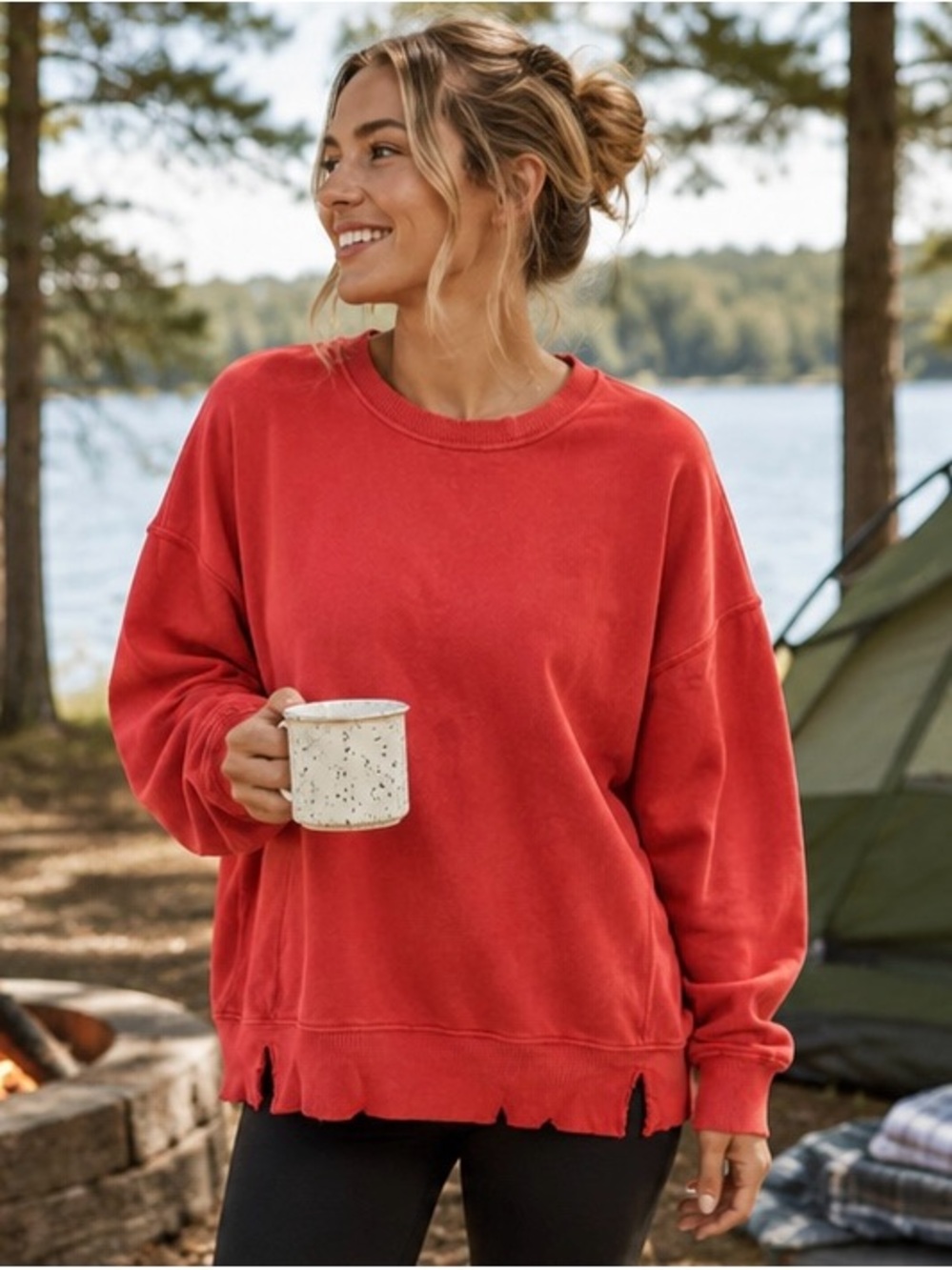 Aerie Brand Cozy Oversized Red Crewneck Sweatshirt